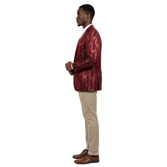 Empire™ Metallic Brocade Wave Modern-Fit Peak Lapel Blazer, Burgundy & Gold - Picture 3 of 5